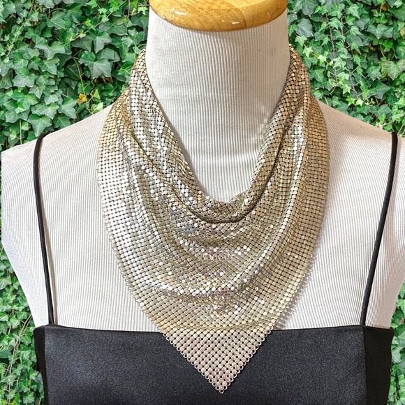 Vintage Jewelry - Whiting & Davis Designer 70s Silver Mesh Disco Bib Necklace
